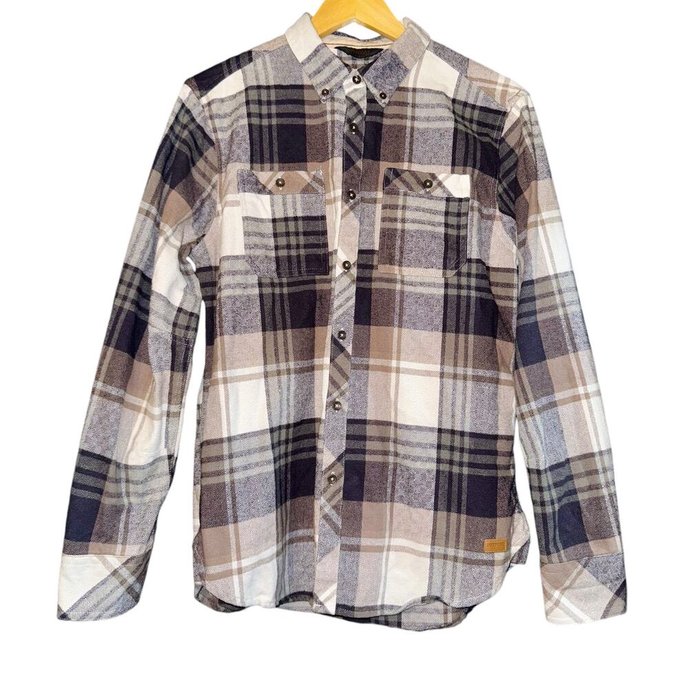Outpost Plaid Button Down Men's Size Medium Brown Blue Diamond Pattern Fall Warm